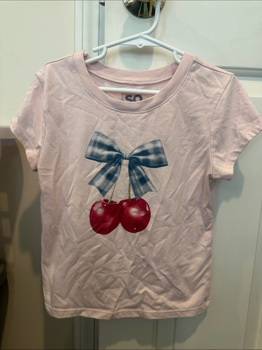 SO Pink Tee with Cherry and Blue Plaid Bow